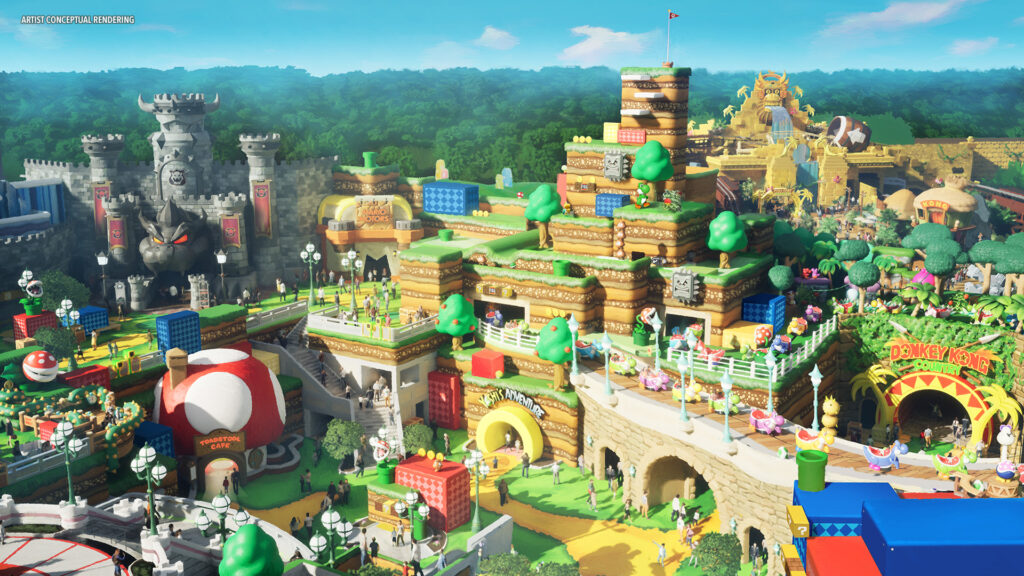 A view of SUPER NINTENDO WORLD and Donkey Kong Country in Universal Epic Universe