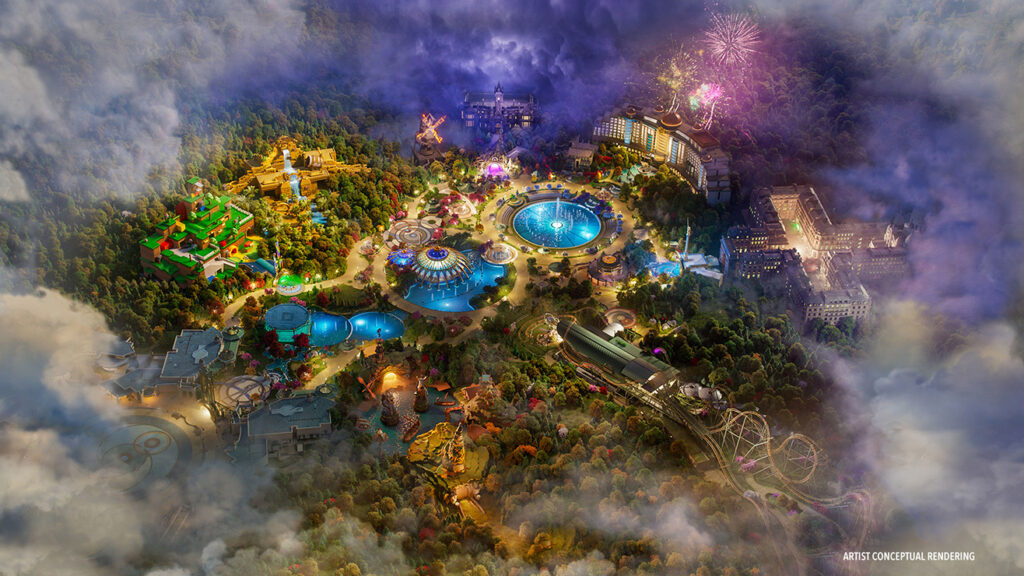 An aerial view of Universal Epic Universe