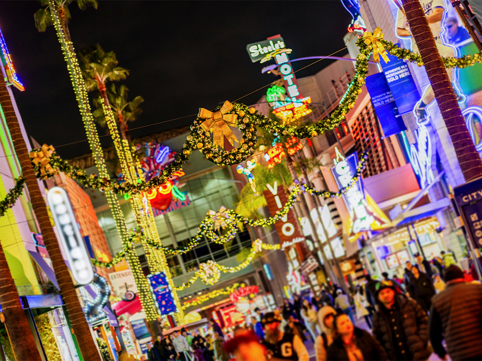 Universal CityWalk Hollywood decorated for the Holidays