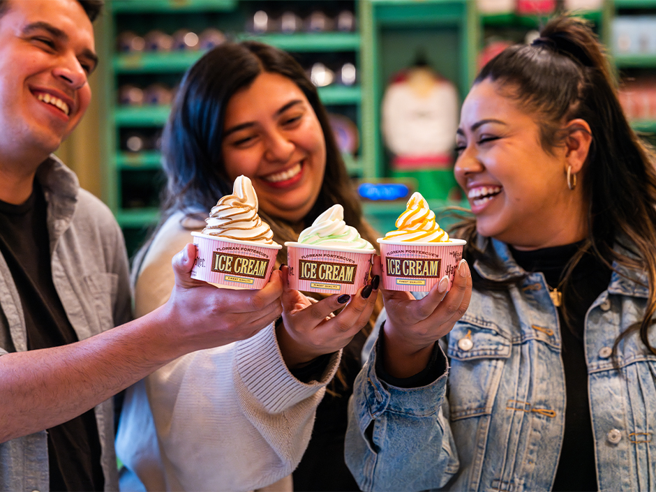 Guests enjoy soft-serve ice cream at Florean Fortescue's at Universal Studios Hollywood.