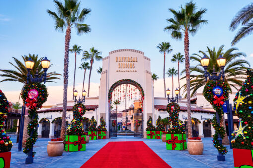 Universal Studios Hollywood arches decorated for the holidays