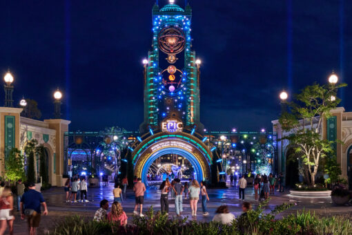 Guests walking through the Chronos in Celestial Park at night