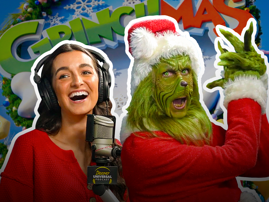 Cassie, host of the Discover Universal Podcast, poses with the Grinch