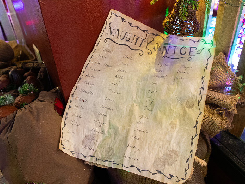 Image of a "Naughty or Nice" list at Green & Red Coconut Club in Universal CityWalk.