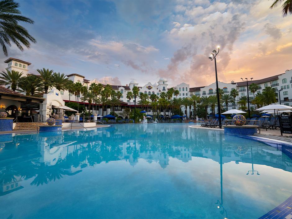 The Hard Rock Hotel pool at sunset