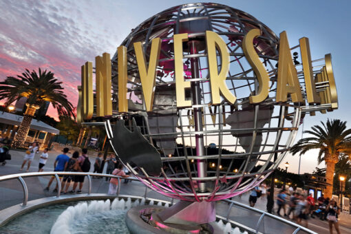 The globe at Universal Studios Hollywood at dusk.