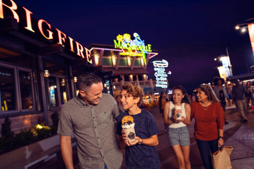 A family walking through Universal CityWalk at Universal Orlando Resort