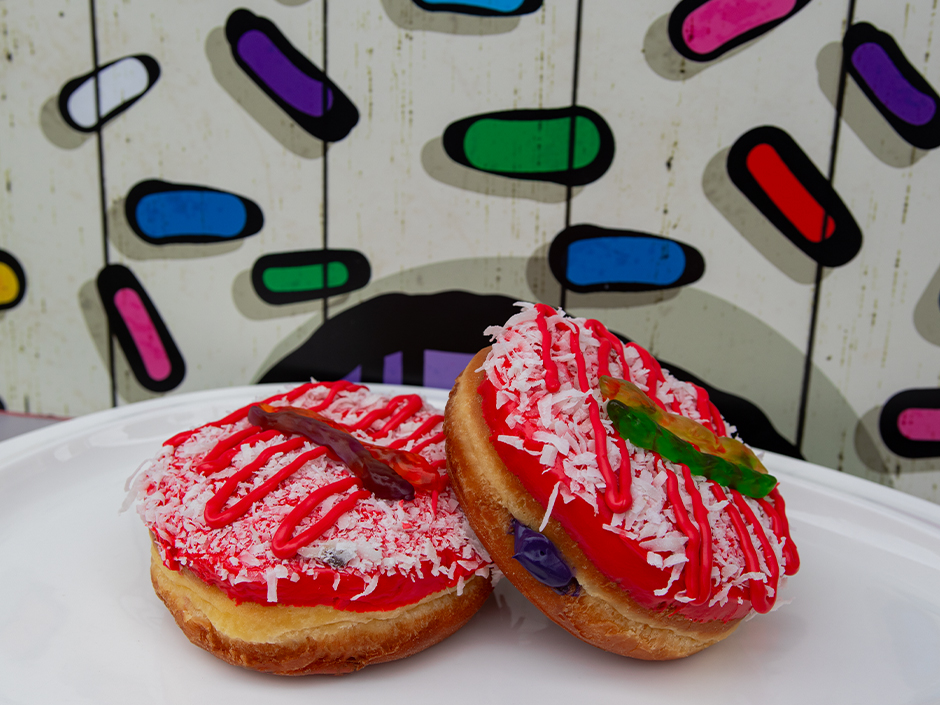 Two Coconut Pandan doughnuts at Voodoo Doughnut in Universal CityWalk for Lunar New Year.