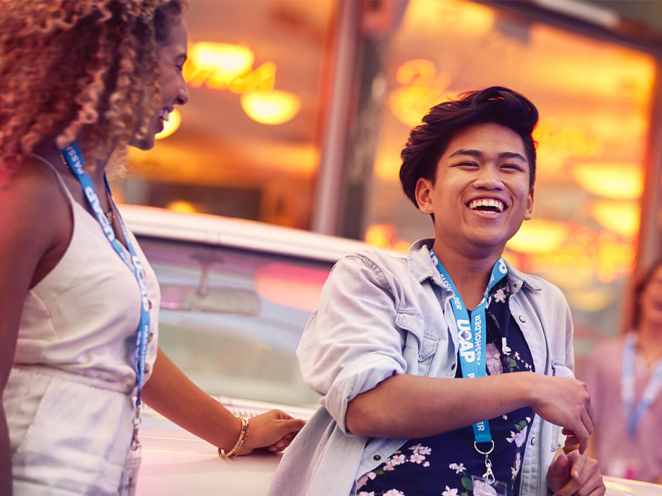 Passholders laughing outside of Mel's Drive-In at Universal Studios Florida