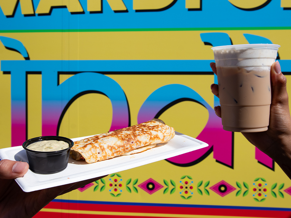 The Potato Dosa and Iced Chai Latte from the India food truck at Universal Mardi Gras