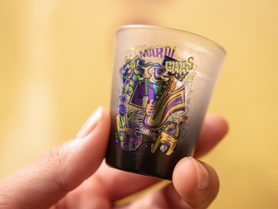 Mardi Gras shot glass in the Mardi Gras Tribute Store at Universal Studios Florida.