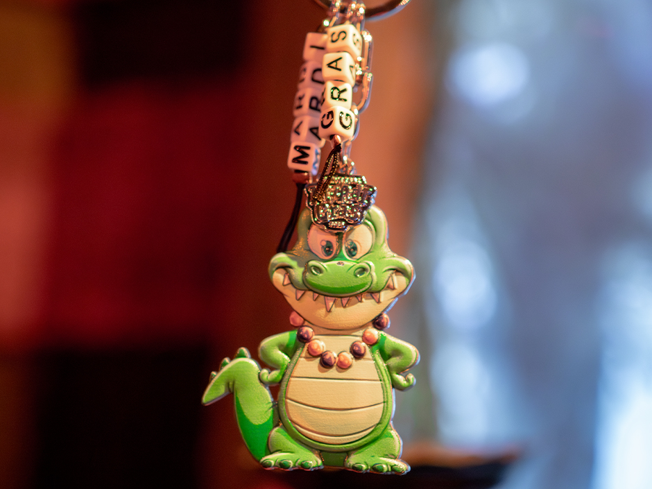 Prince Gator keychain at the Mardi Gras Tribute Store.