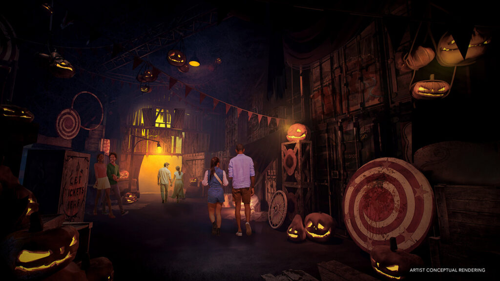 Concept art of guests walking through Warehouse 25 in Universal Horror Unleashed