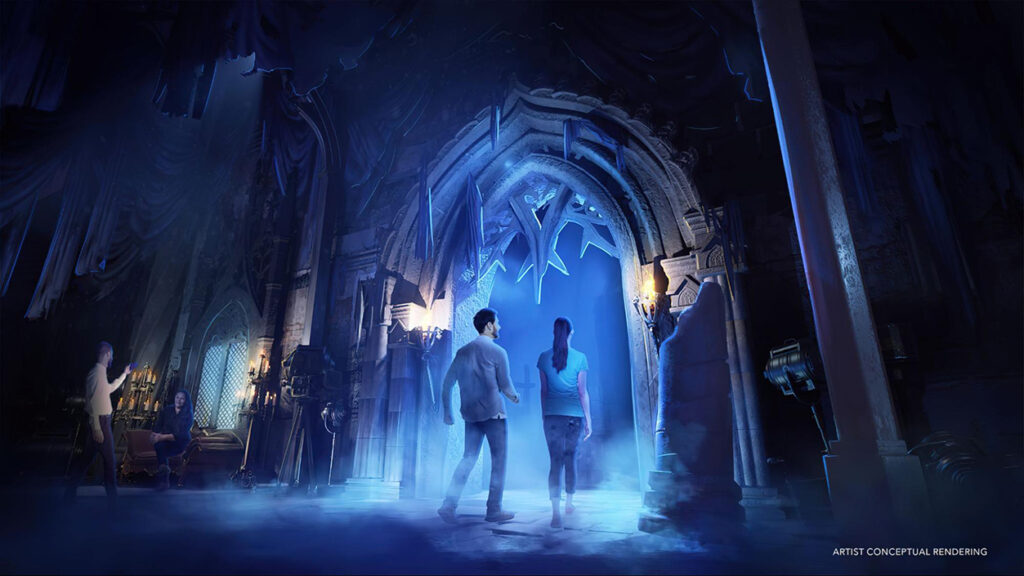 Concept art of two guests walking into a haunted house in Universal Horror Unleashed