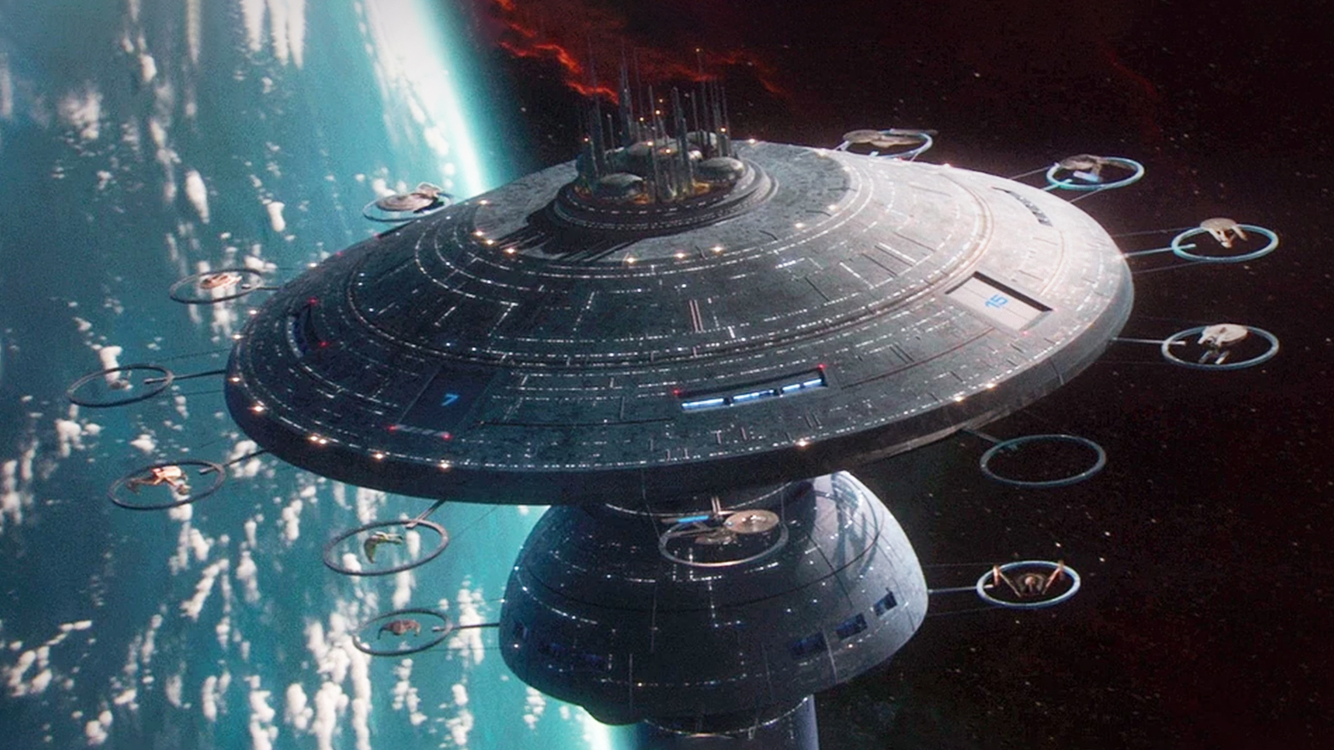 A rendering of Enterprise D, the ship on which Star Trek: Red Alert takes place during Universal Fan Fest Nights.
