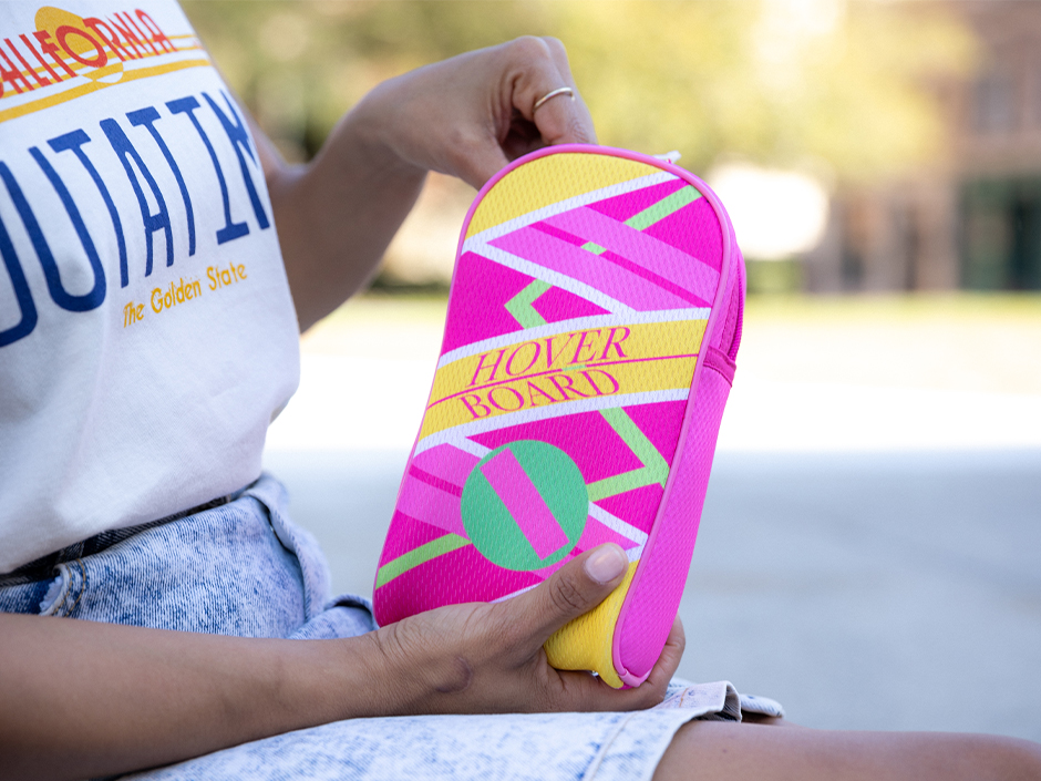A pouch designed like the hoverboard from Back to the Future
