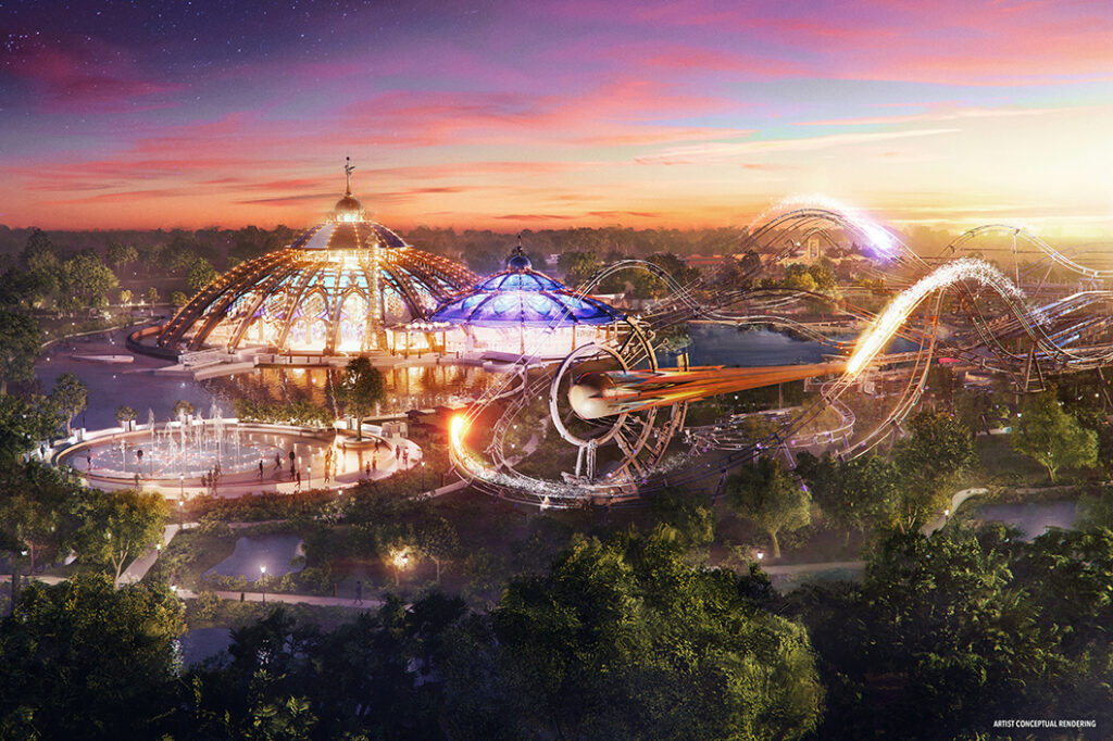 A conceptual rendering of Stardust Racers in Celestial Park at Epic Universe