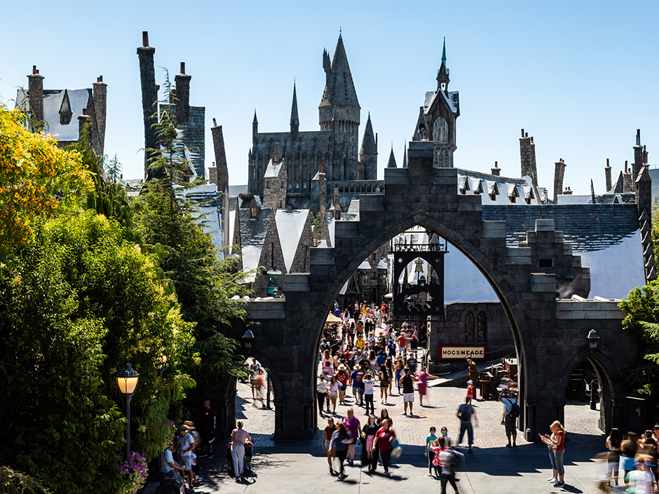 Aerial view of Hogsmeade at Universal Studios Hollywood.