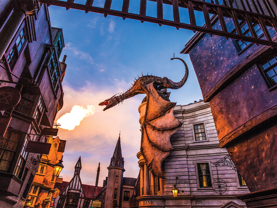 The dragon breathing fire over Escape from Gringotts in Diagon Alley