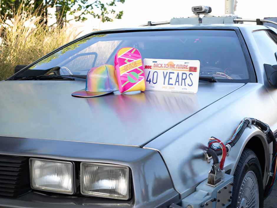Back to the Future anniversary merchandise on a time machine