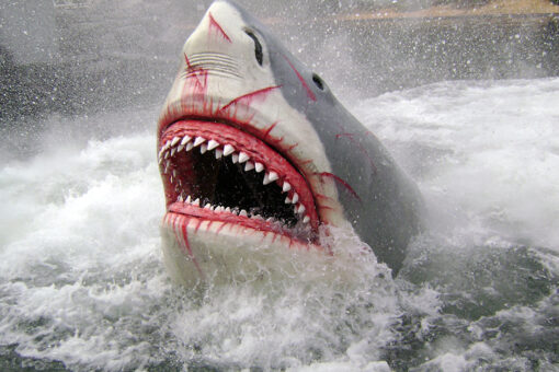 Jaws rises out of the water on the attraction at Universal Studios Florida