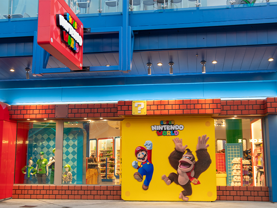 Front exterior of the new SUPER NINTENDO WORLD themed Universal Studios Store expansion at Universal CityWalk