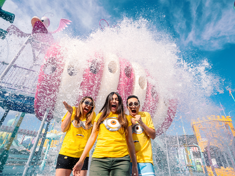 Three people being splashed in Super Silly Fun Land at Universal Studios Hollywood