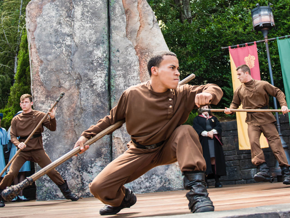 Durmstrang students perform at the Triwizard Spirit Rally in The Wizarding World of Harry Potter. 