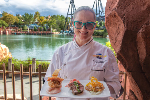 Chef Jessica Maldonado holds the Latin Flair Trio at Mythos Restaurant in Islands of Adventure