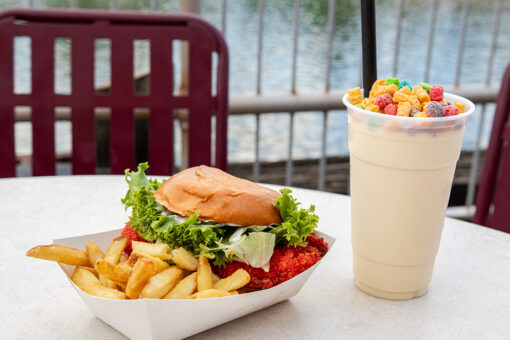 The Tremor Crispy Chicken Sandwich and Cereal Crunch Milkshake at Richter's in Universal Studios Florida.