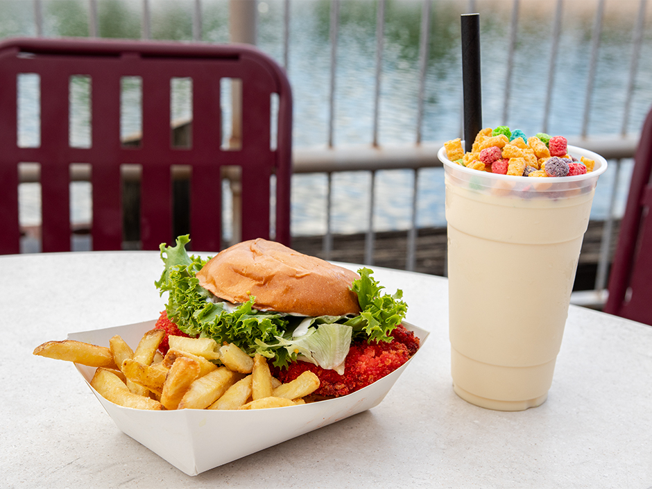 The Tremor Crispy Chicken Sandwich and Cereal Crunch Milkshake at Richter's in Universal Studios Florida.