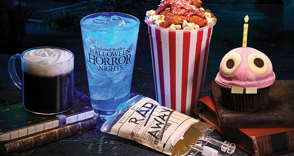 Several of the Halloween Horror Nights 2025 food items, including Mr. Cupcake and the Rad Away drink