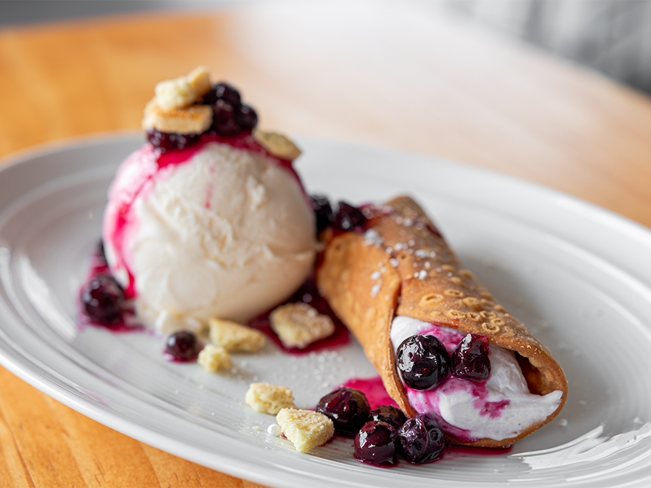 A plate of the Blueberry Ricotta Cannoli at VIVO in Universal CityWalk for Veterans and Military Families Appreciation Month.