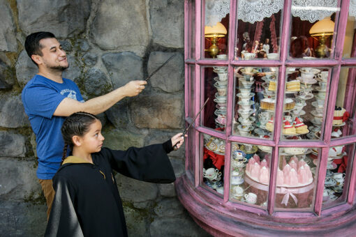 A father and daughter use interactive wands in The Wizarding World of Harry Potter.