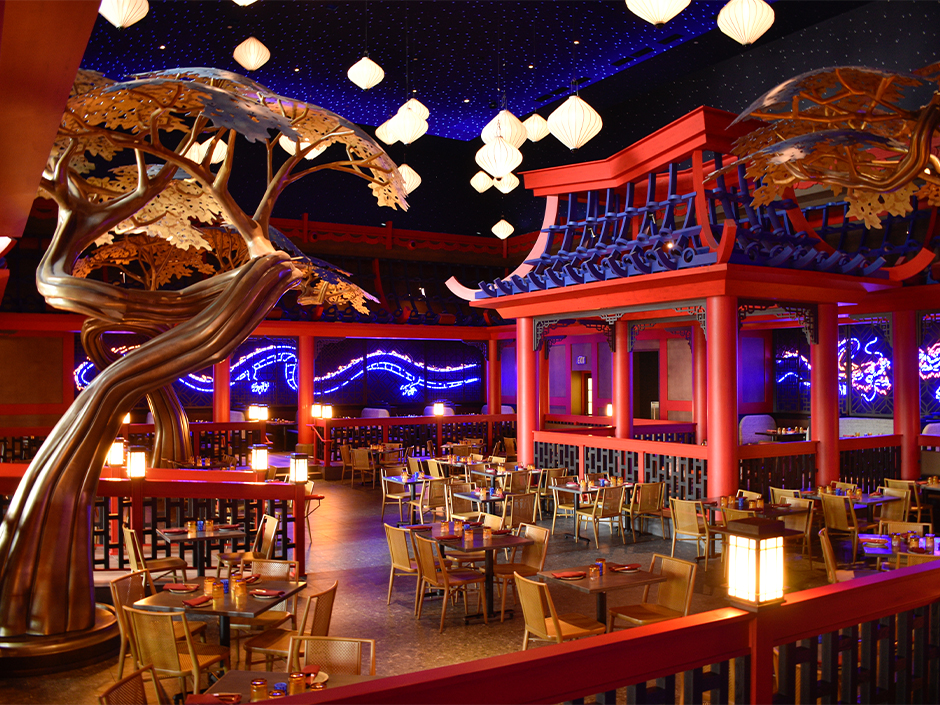 The interior of the Blue Dragon Pan-Asian Restaurant at Epic Universe