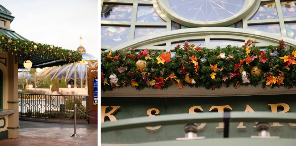 Holiday garland and decor on the roof and front entrance of Oak & Star Tavern in Celestial Park