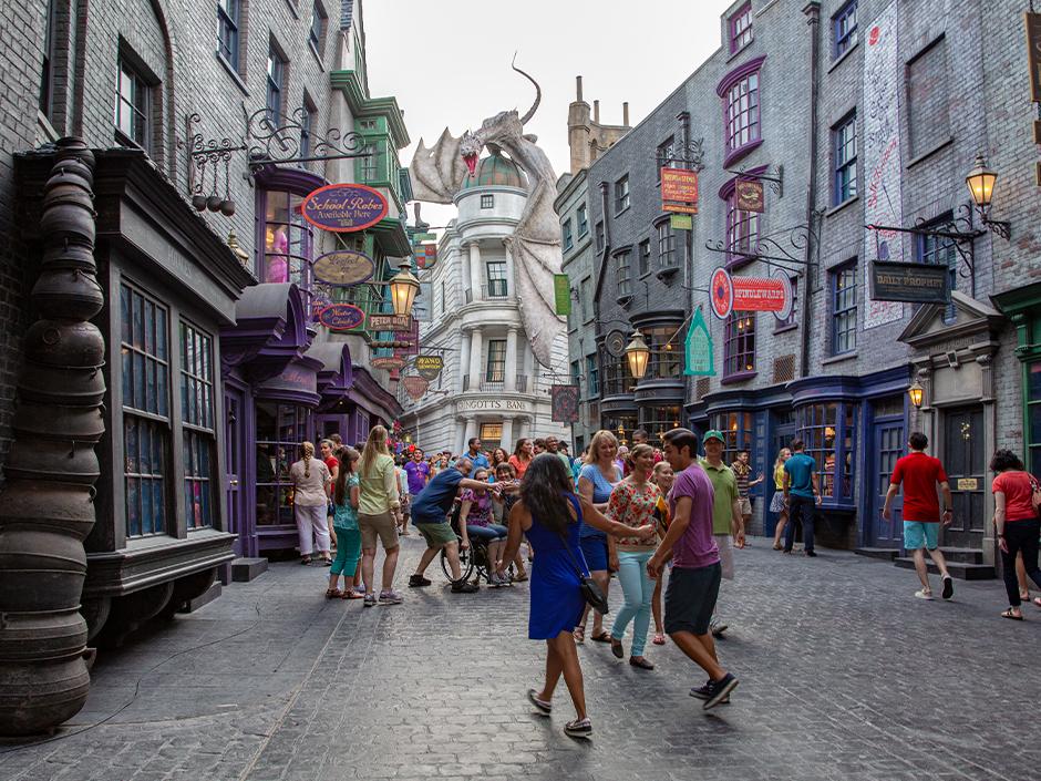 Guests roaming Diagon Alley in The Wizarding World of Harry Potter at Universal Studios Florida