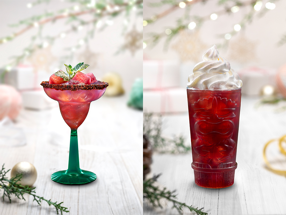 Festive red alcoholic drinks, available during the holidays at Universal Studios Hollywood. 