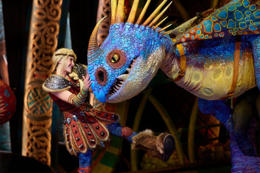 Astrid and Stormfly in The Untrainable Dragon show at Epic Universe