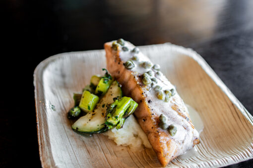 Plate of Cedar Plank Salmon at NBC Sports Grill & Brew.