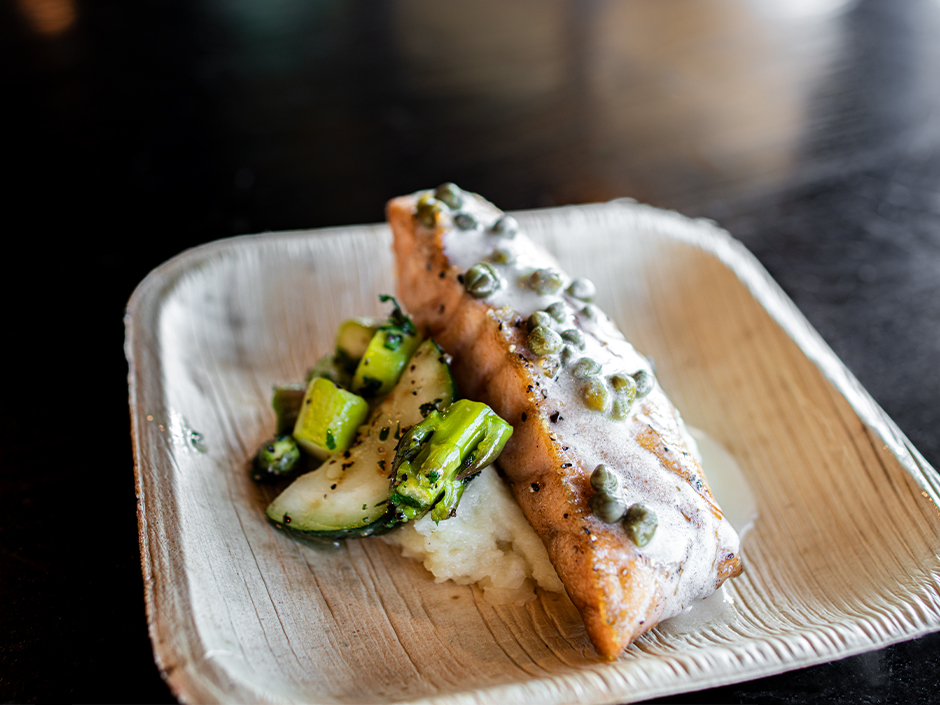 Plate of Cedar Plank Salmon at NBC Sports Grill & Brew.