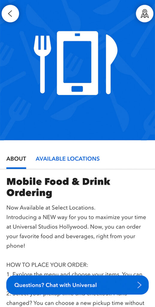 Screenshot from the Universal Studios Hollywood app's Mobile Food & Drink Ordering screen.