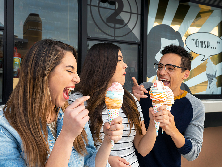 A group of kids enjoying ice cream at Universal Studios Hollywood.