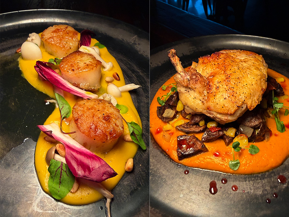 A split image with scallops on the left and chicken on the right; items on Bloody Valentine menu at Universal Horror Unleashed