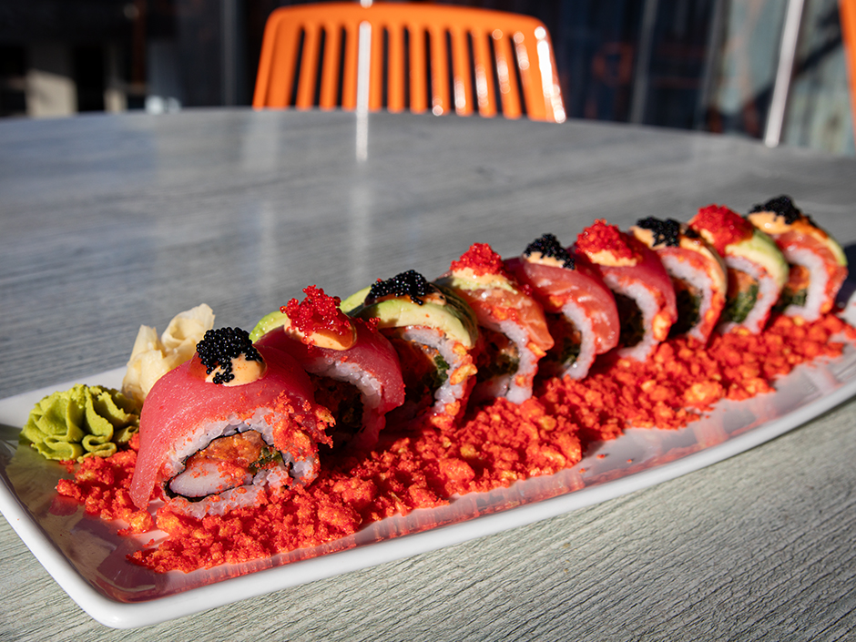Plate of The Fiery Horse Crunch Roll at The Cowfish Sushi Burger Bar in Universal CityWalk for Lunar New Year.