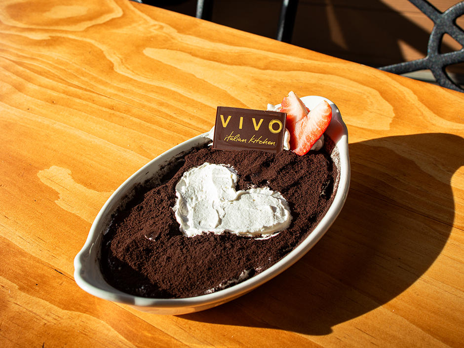 A bowl of White Chocolate Tiramisu at VIVO Italian Kitchen for Valentine's Day at Universal CityWalk.