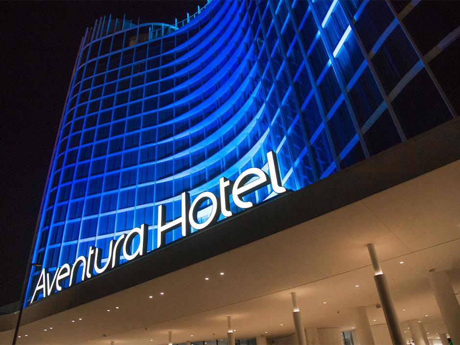 The exterior of Aventura Hotel.