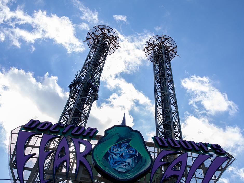 The sign and entrance for Doctor Doom's Fear Fall in Islands of Adventure