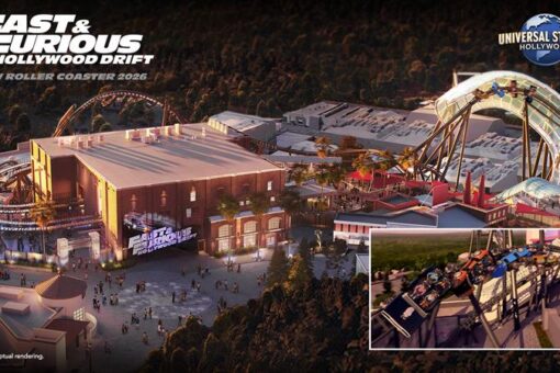 An artist rendering of the Fast and Furious Hollywood Drift rollercoaster at USH