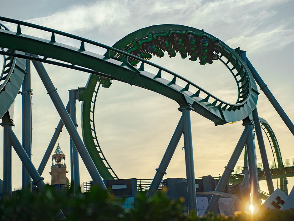 The Incredible Hulk Coaster at sunset.